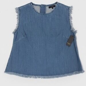 Rachel Roy Womens Plus 2X Denim Sleeveless Fringe Shell Top Medium Wash Blue NEW